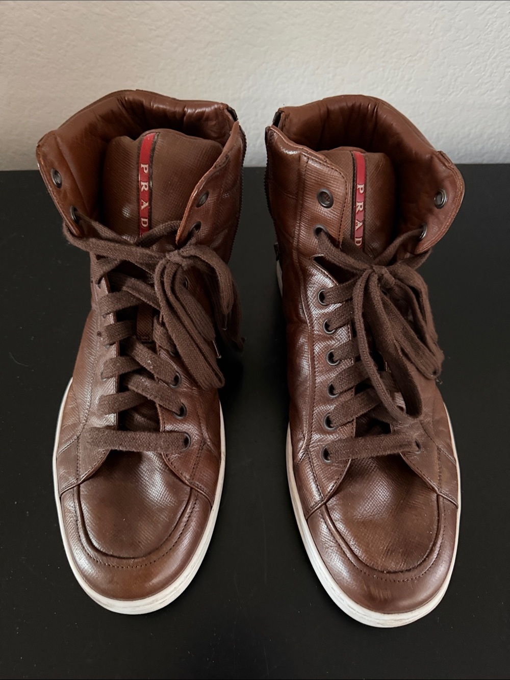 Prada Brown Supple Calfskin Leather High-Top Sneakers